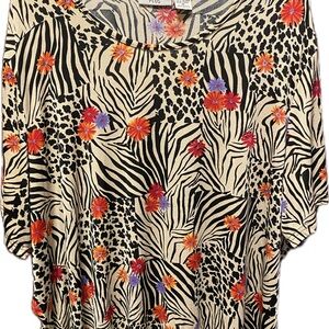 Women's Animal Print Top with Floral Accents 3X Kathy Ireland plus vintage